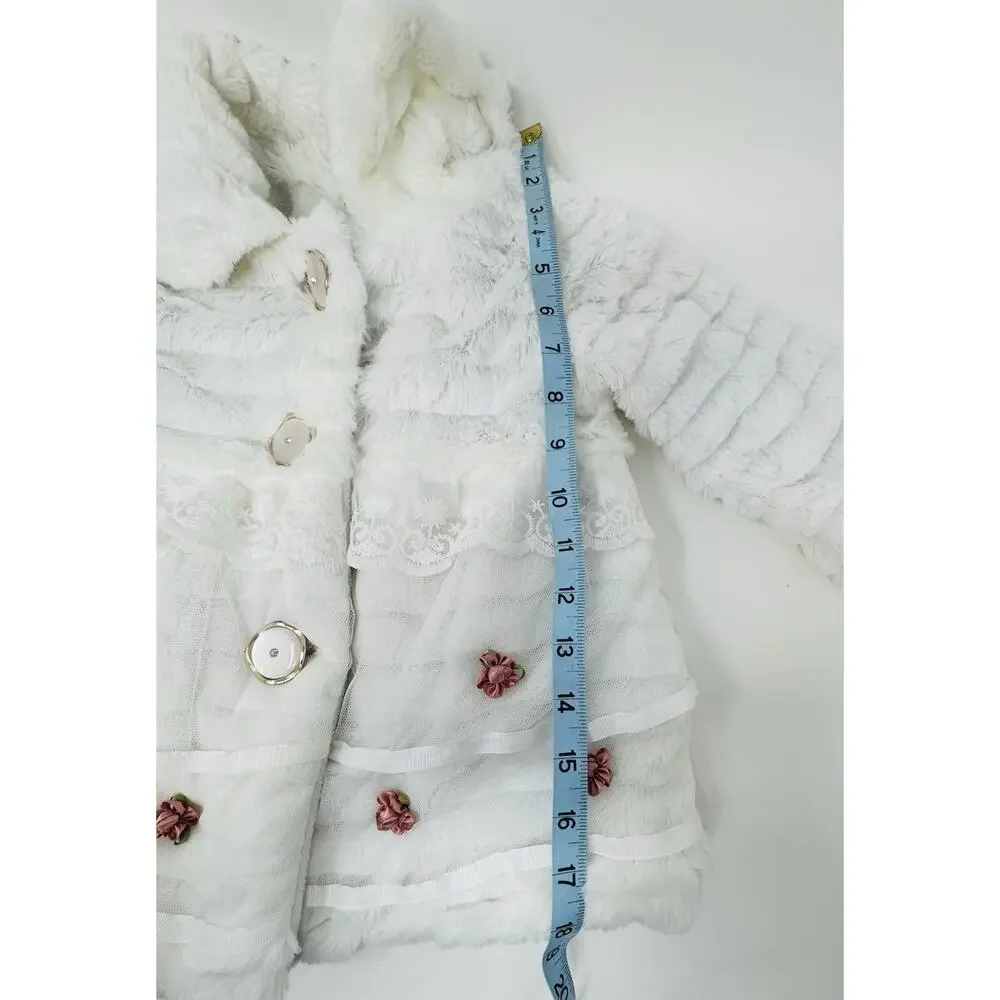 EUC toddler‎ girl fancy coat.,Faux Fur Tiers Lace Flowers, Cute Buttons.Size 10